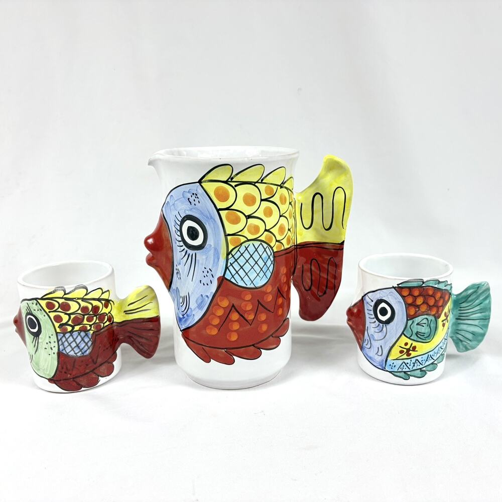 Vietri Kissing Fish Pitcher & 2 Mug Set - Desuir Made in Italy Hand Painted Vtg